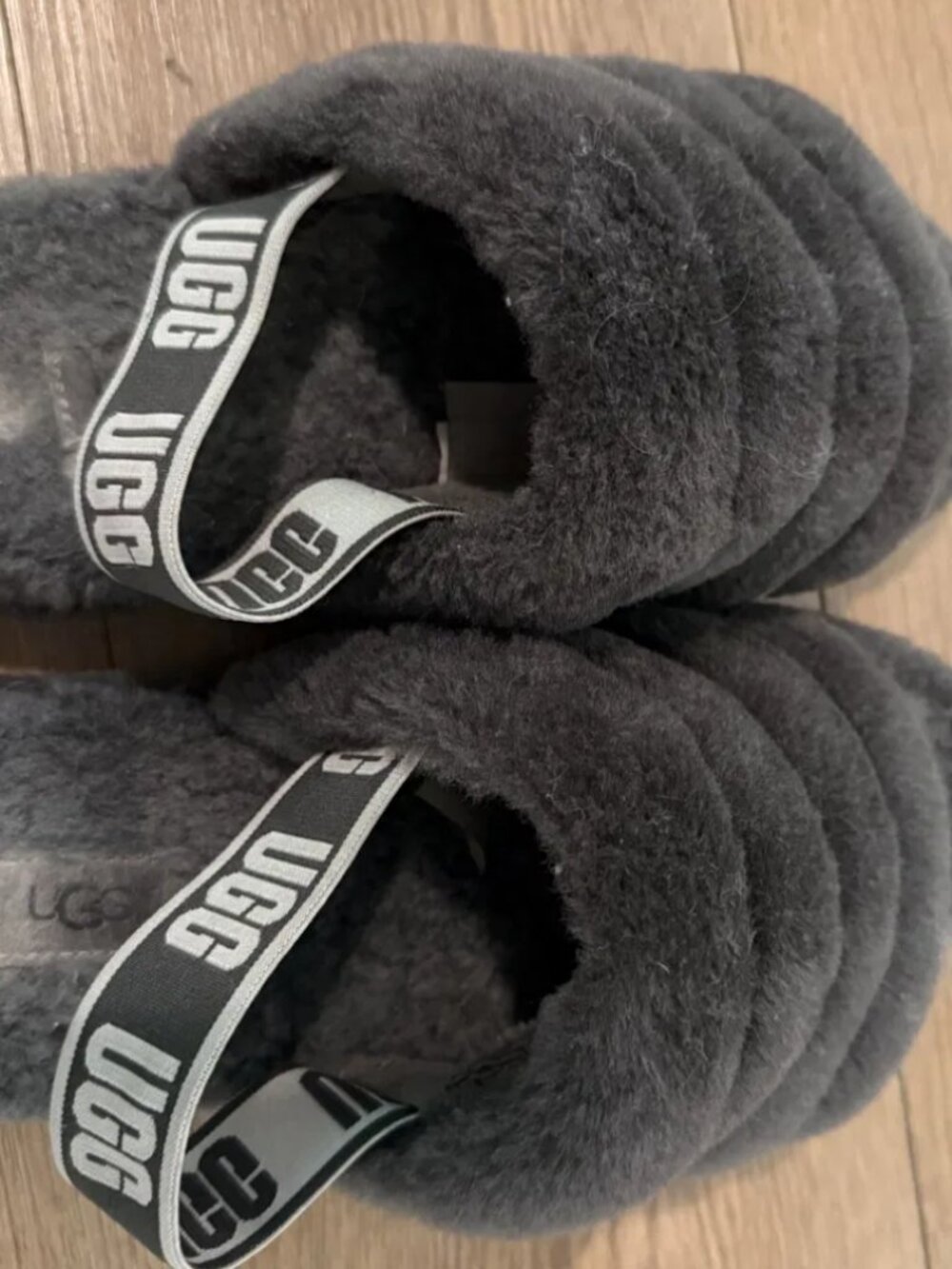 UGG Fluff Yeah Slide Grey Sheepskin Logo Strap Women's Slipper Sandal